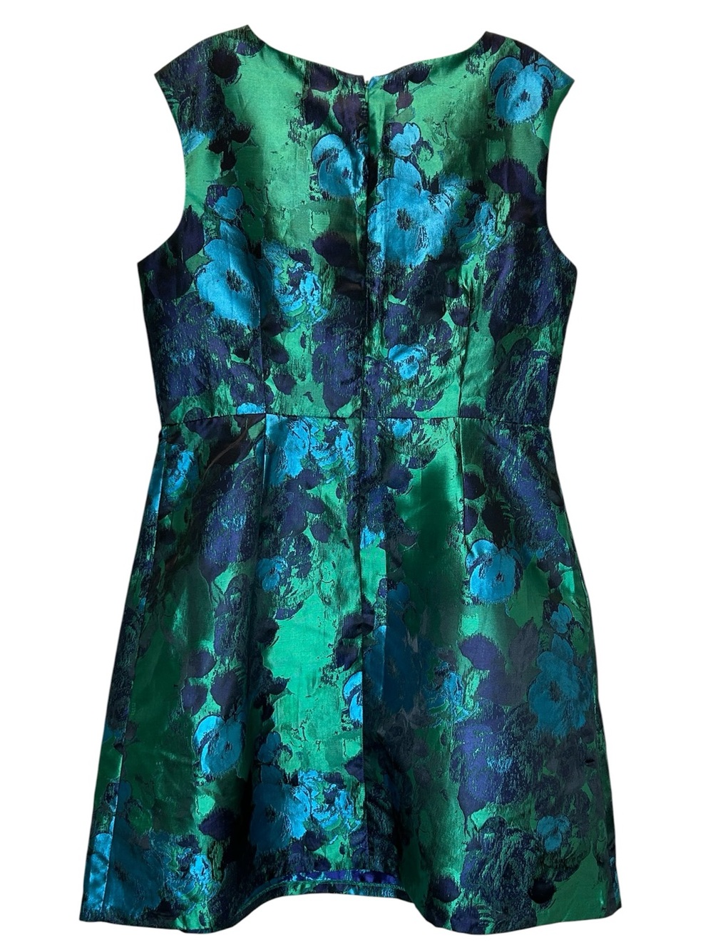 Green and Blue Fit & Flare Floral Satin Damask Midi Cocktail Dress - Size 14 - Picture 2 of 7